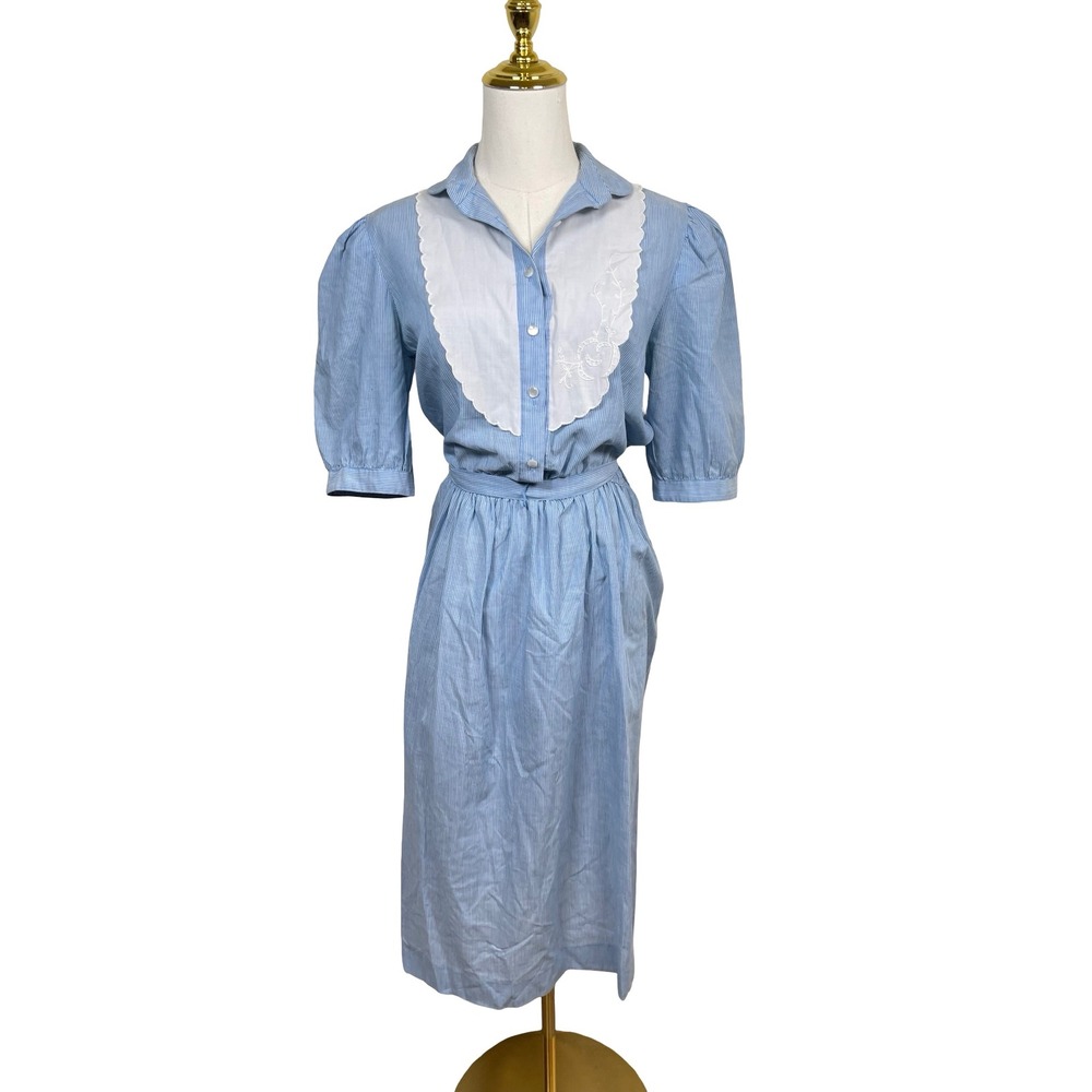 Vintage Pin Stripe Shirt Dress Womens 10 Blue Floral Embroidery Bib Collar 80s - Picture 2 of 13